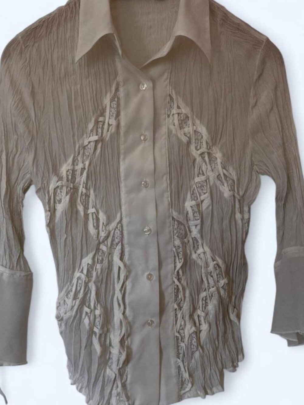 Essentials by Milano Vintage Cream Chiffon Lace Ruffle Bell Sleeve Blouse S